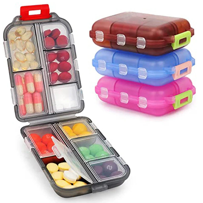 10-Grid Moisture-Proof Travel Pill Organizer in various colors