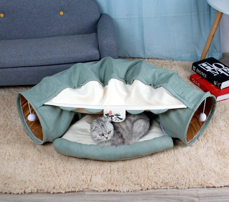Collapsible cat tunnel with mat for play and rest, available in multiple colours