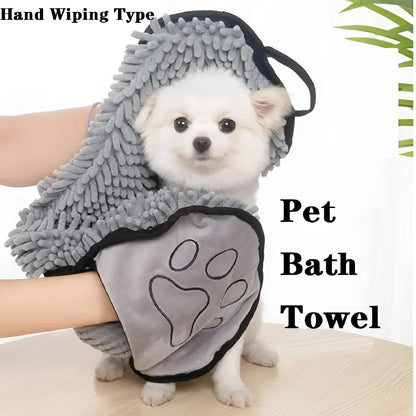 Blue dog bath robe towel laid flat, showing its 62cm by 23cm size and soft texture.