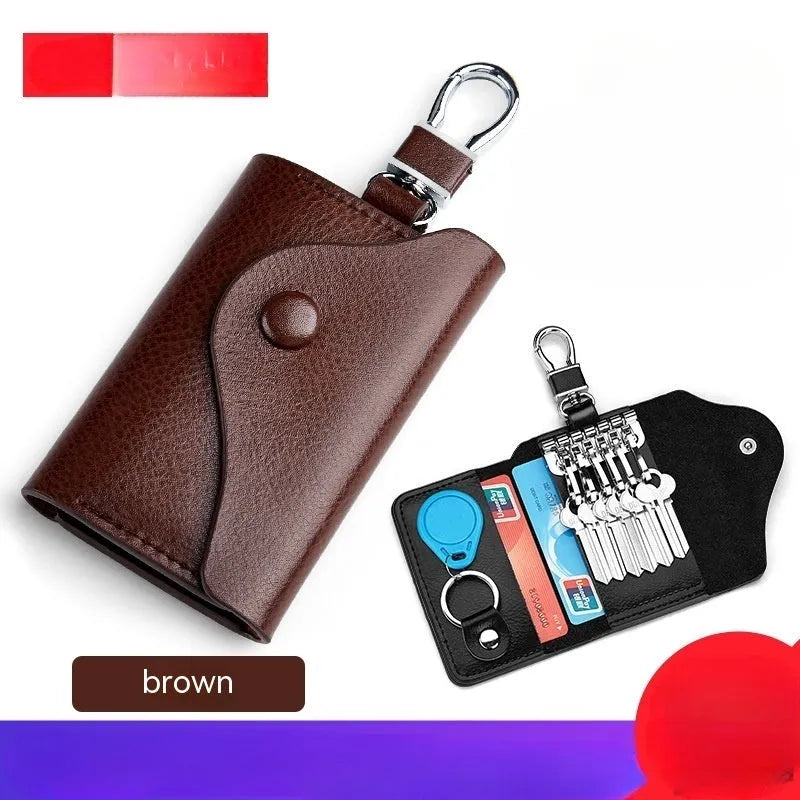 Genuine leather keychain card holder in square vertical design with internal key mapping structure
