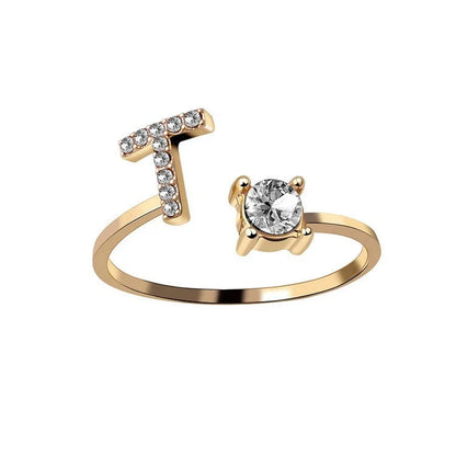 Personalized Initial Letter Crystal Ring with Adjustable Design in Gold, Silver, and Rose Gold Colors