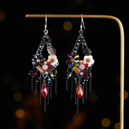 Hand-woven retro bohemian ethnic style exaggerated long earrings in artificial crystal and alloy