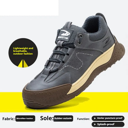 Flyknit work safety shoes with leather upper and rubber sole in multiple colour options