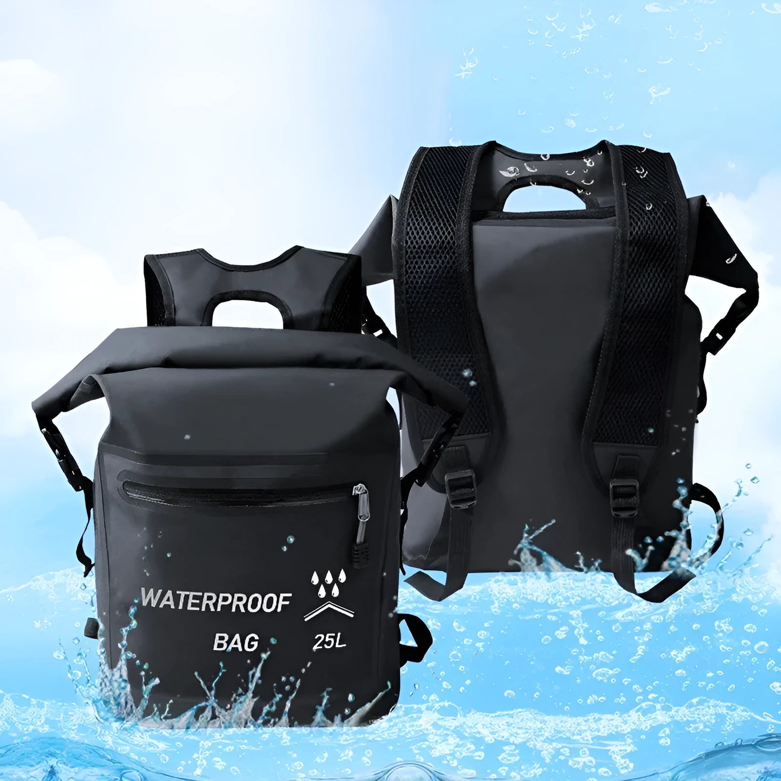 Black 25 litre waterproof backpack for outdoor water activities including swimming and rafting