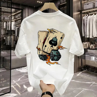 Men's printed heavy cotton T-shirt in black or white with short sleeves