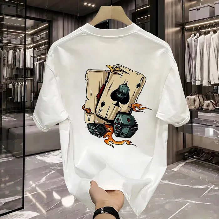 Men's heavy cotton printed short-sleeved T-shirt in pure cotton fabric available in S to 5XL sizing with black or white colour options and 180g or 230g long-staple cotton weights