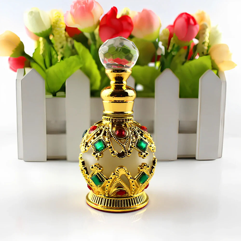 Arabic style glass perfume bottle with zinc alloy hardware and electroplated finish in choice of colours
