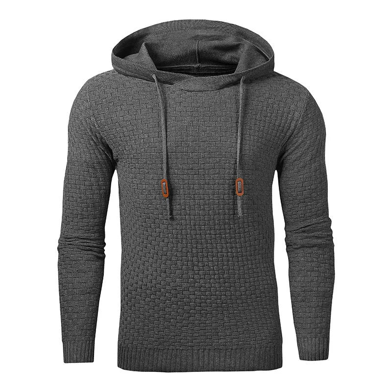 A man wearing a cotton-polyester blend hoodie available in nine colours including black, navy, and red.