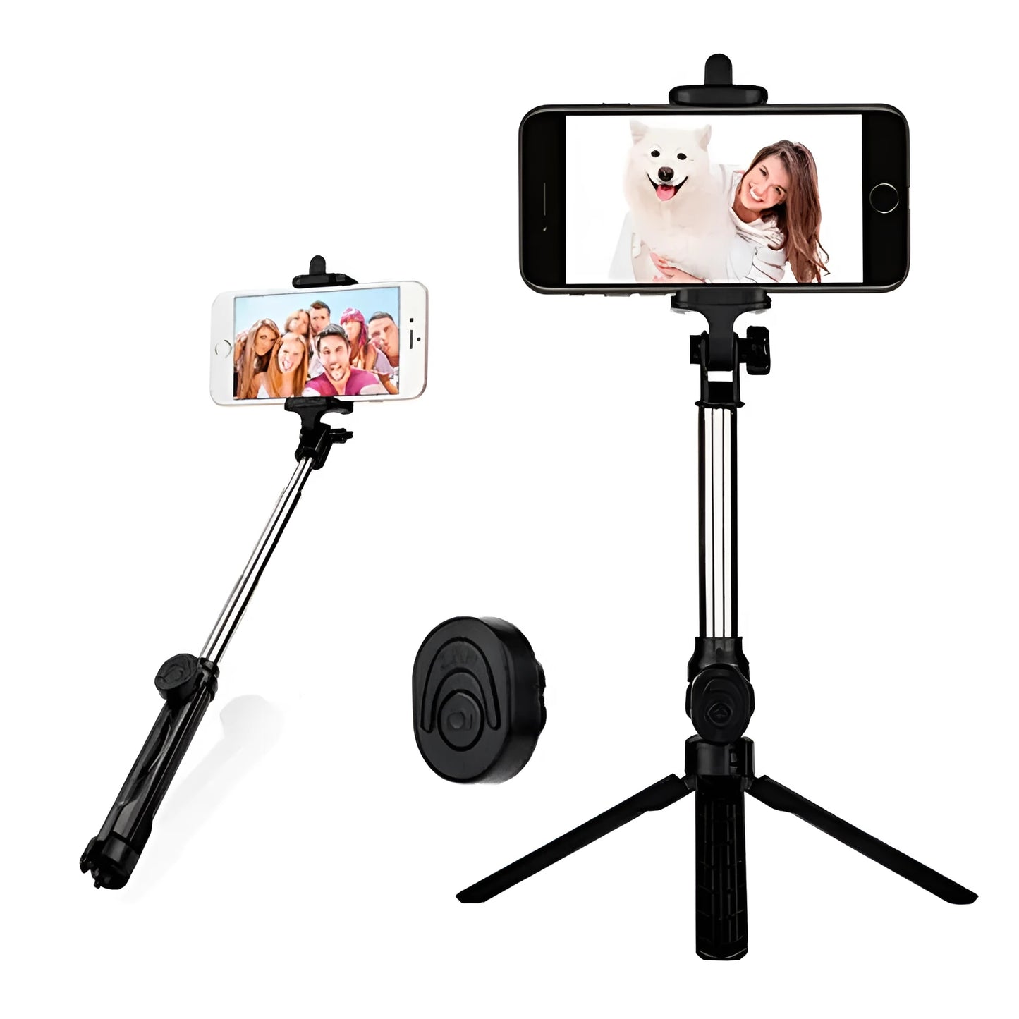 Black aluminium phone tripod stand with extended legs and a Bluetooth remote, holding an iPhone.