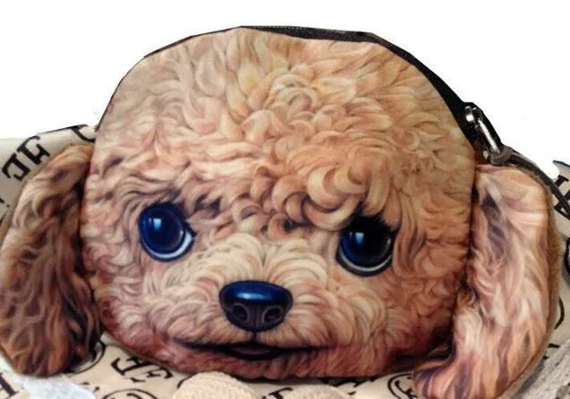 Cat dog face zipper coin purse in polyester and plush, 13x12.5cm, with zip closure for coins and makeup
