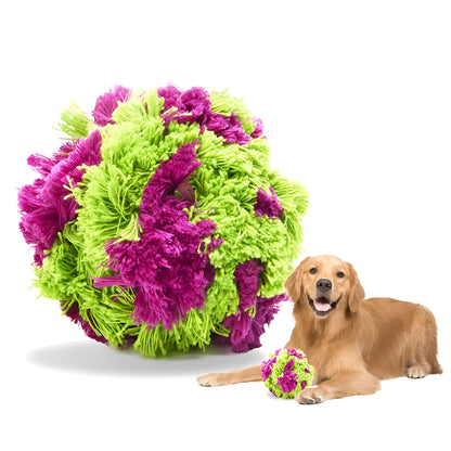 Purple plush dog chew ball toy approximately 15cm diameter for interactive play