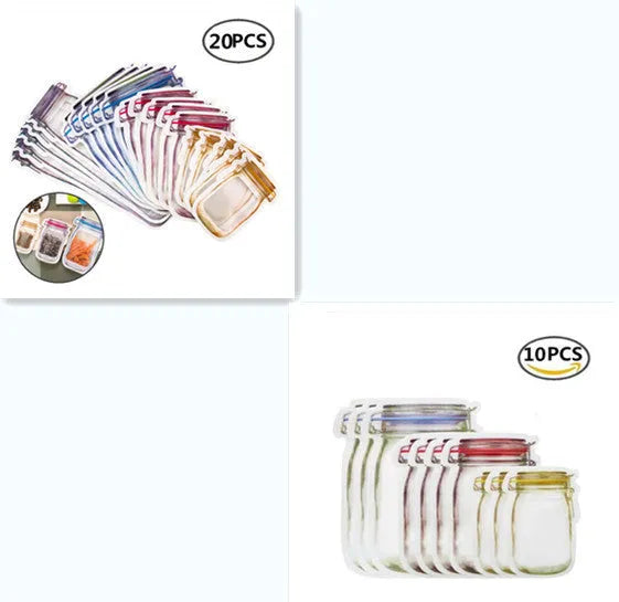 Red reusable self-sealing plastic bag for snacks with zipper closure, shown with biscuits.