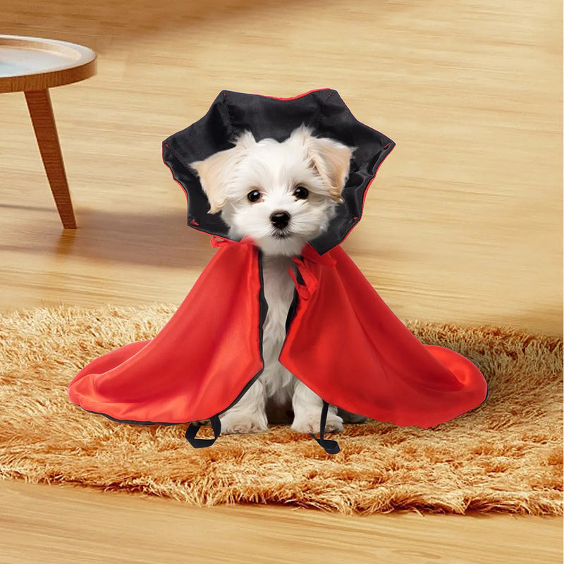 Halloween pet cloak costume for dogs and cats with elastic neck closure and floor-length design in red polyester for Halloween parties, photos, and seasonal celebrations, adding atmospheric fun for pets 80-120cm in length