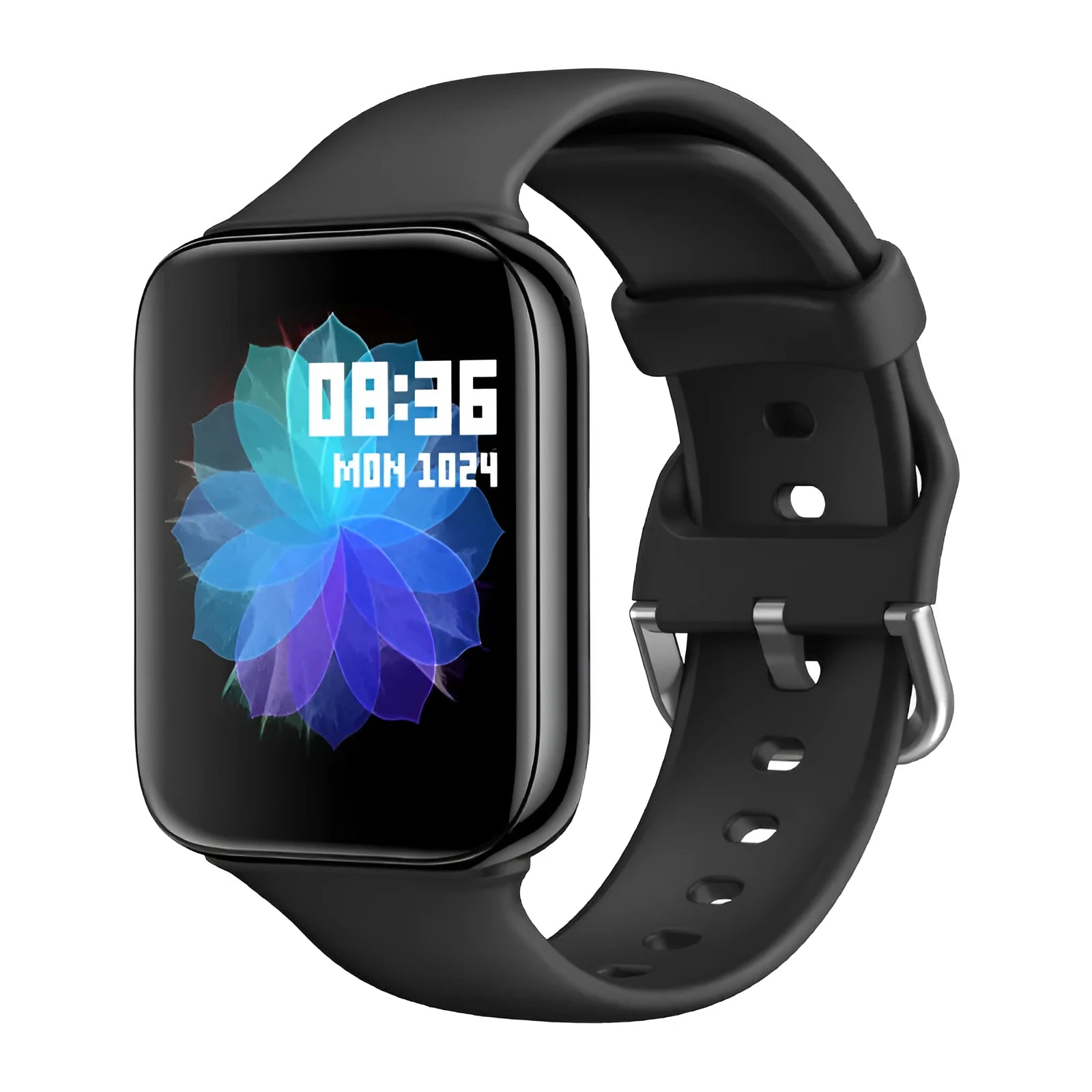 Smart bracelet with touch screen on a silicone wrist strap, showing Bluetooth call and blood pressure display.