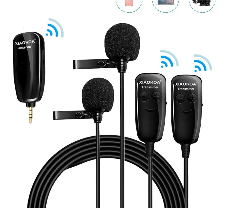 Black omnidirectional lavalier lapel microphone with a 3.5mm plug for mobile phones on a white background.