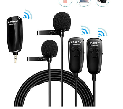 Black omnidirectional lavalier lapel microphone with a 3.5mm plug for mobile phones on a white background.