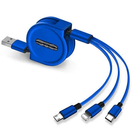 Black telescopic 3-in-1 charging cable with titanium alloy connectors extended on a white background.
