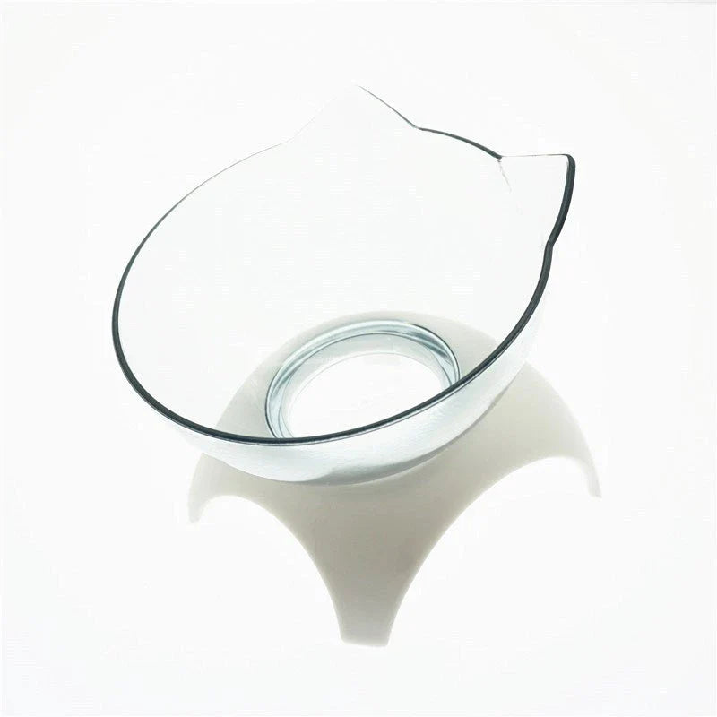 Tilted cat and dog bowls with raised stand, designed to reduce neck strain and protect cervical vertebrae.