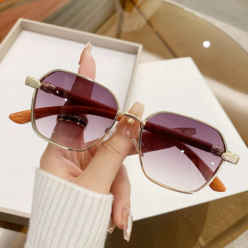Women's frameless glasses with wood grain pattern and gold alloy frame in double blue colour.