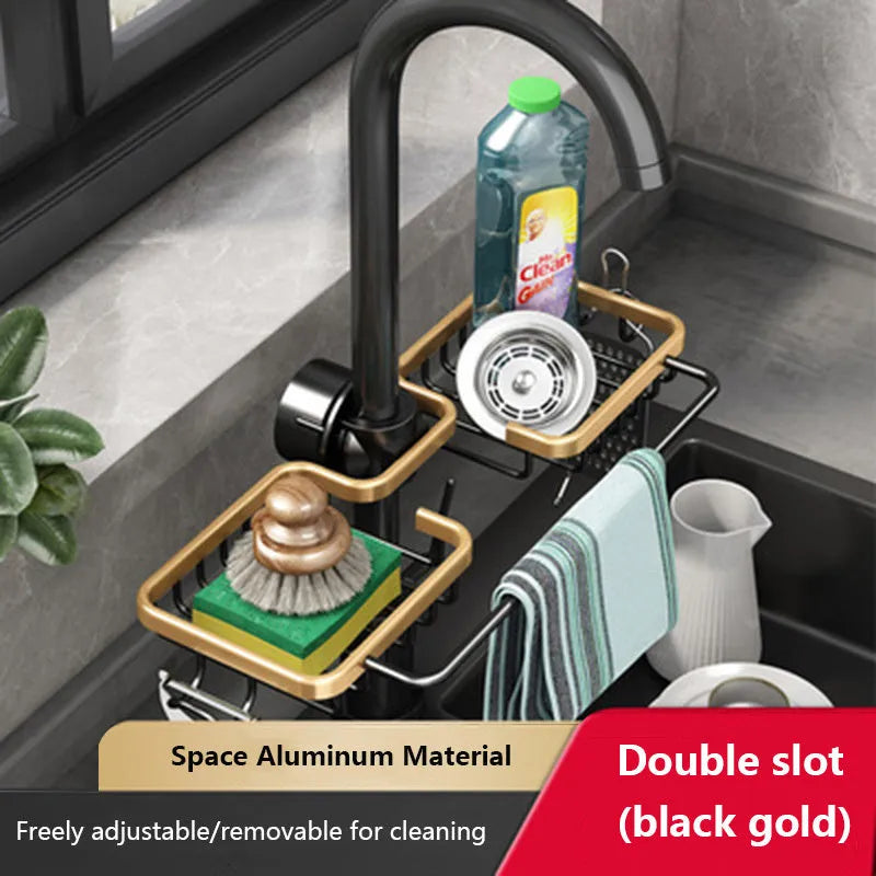 Space aluminium kitchen sink rack and drain basket with no-punch fitting, shown in silver or black single or double with towel bar