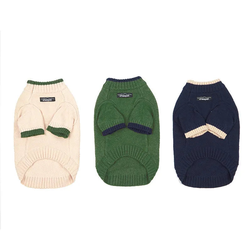 Pet sweater for dogs and cats with contrast colour two legs, wool construction for fall and winter warmth, available in British style colours including flower green yellow, apricot yellow, and Crown Blue