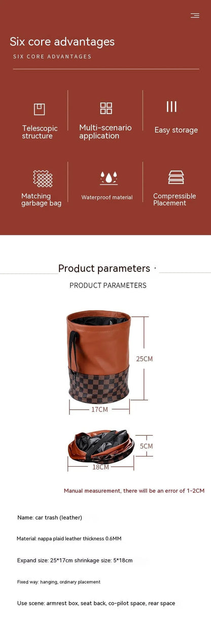 Retractable leather car trash can with handle shown in folded and expanded positions