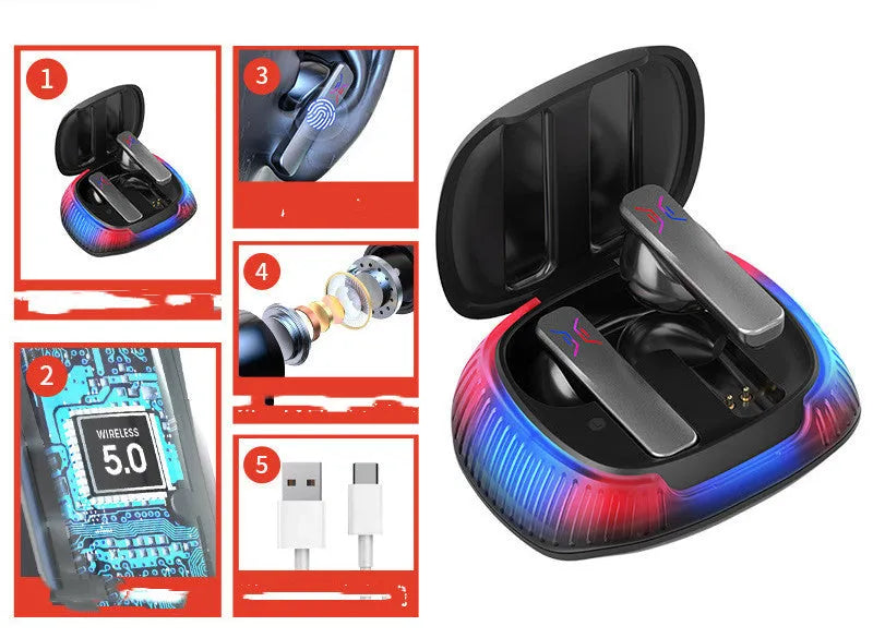 Hall Flashing wireless Bluetooth gaming headset in black or white with earplug design