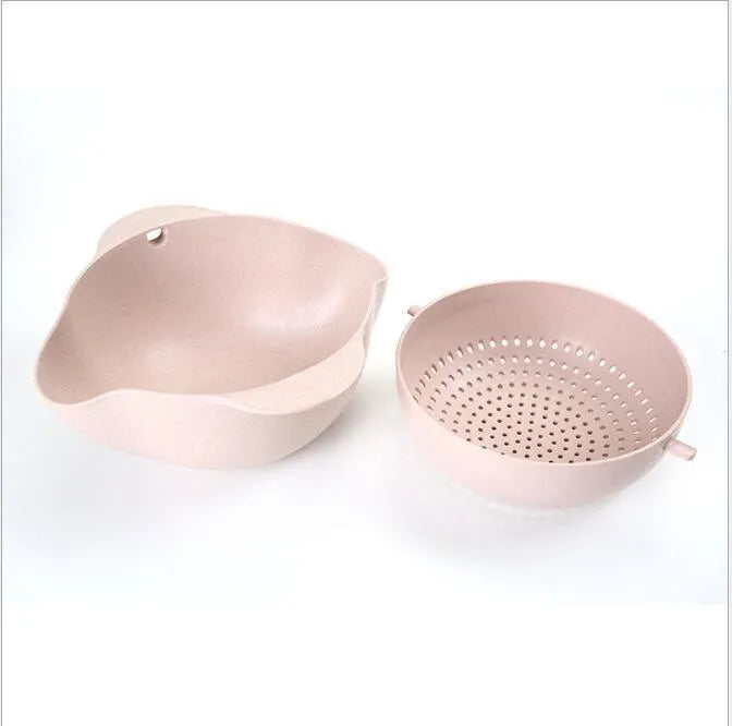 Blue double-deck plastic kitchen basket for washing rice, fruits and vegetables