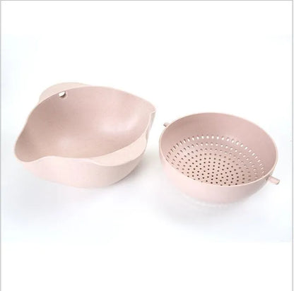 Blue double-deck plastic kitchen basket for washing rice, fruits and vegetables