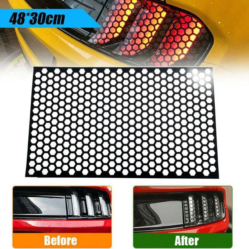 Set of black honeycomb-patterned car taillight decoration stickers showing size scale.