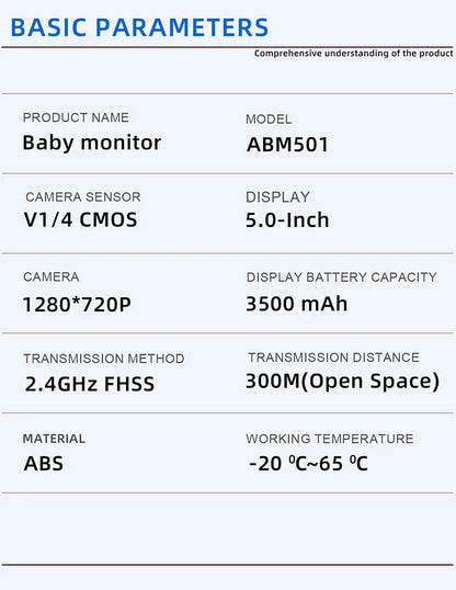 White HD wireless baby monitor with 5-inch LCD screen on a table