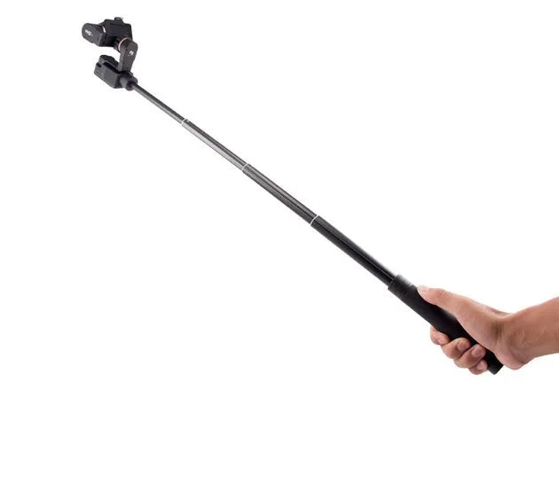 Black retractable selfie stick extended to 100cm with phone attached and Bluetooth remote