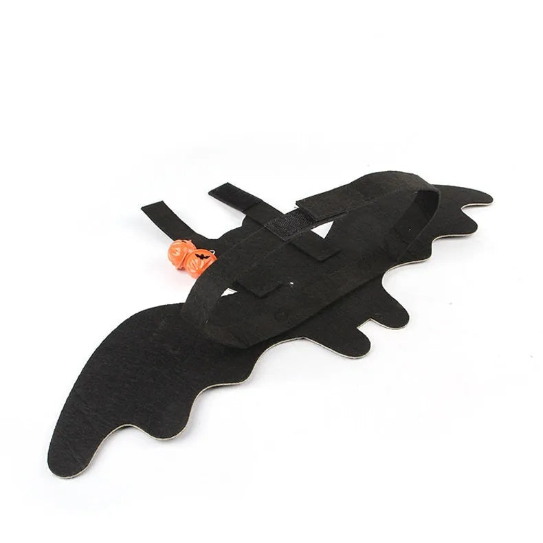 Halloween costume for a cat featuring batwing sleeves, made from felt, in orange pumpkin bat design.
