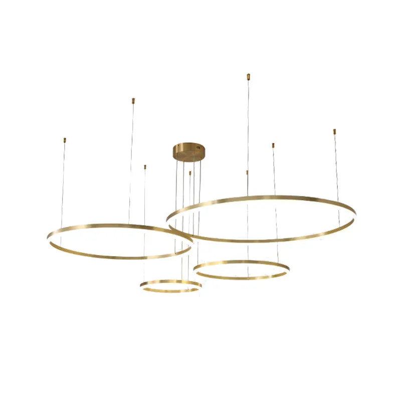Nordic modern copper circle chandelier for luxury living room lighting in three-circle chain or parallel arrangements of 40cm and 60cm sizes with remote control