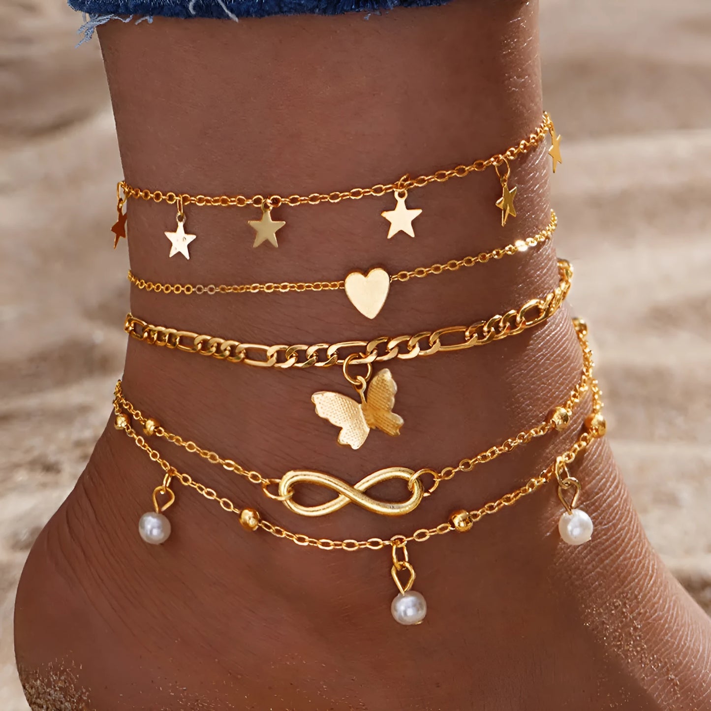 Butterfly love design four-piece alloy anklet set for women with pearl heart details