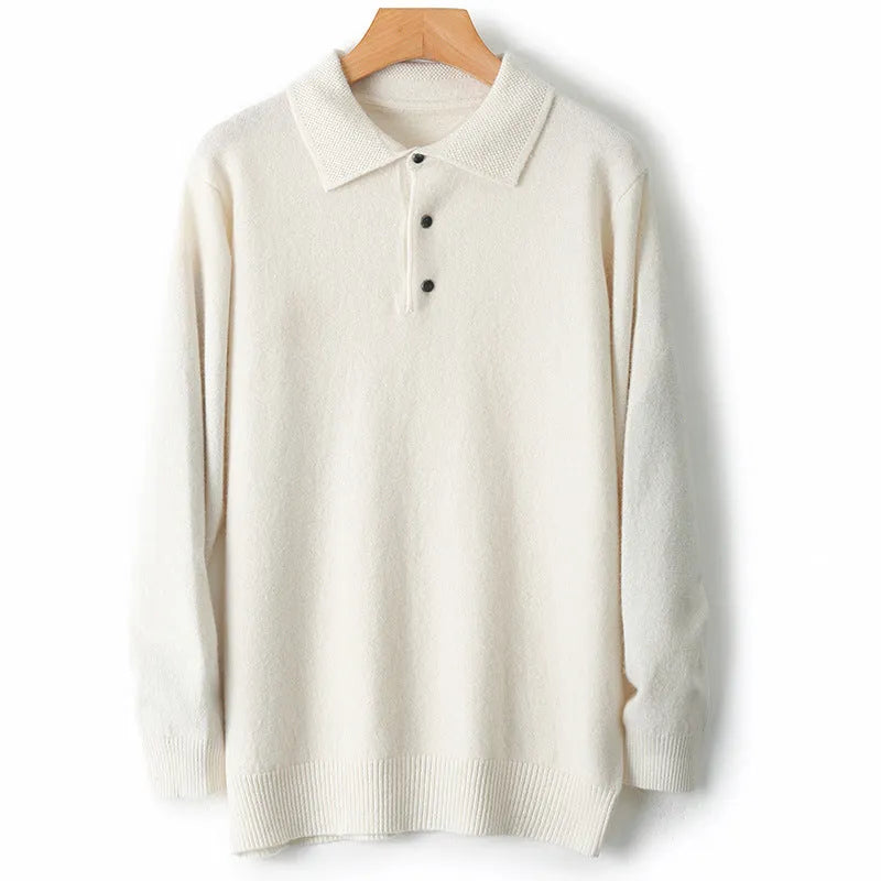 Men's woolen polo collar pullover sweater in seven colour options with long sleeves and textured stitching details