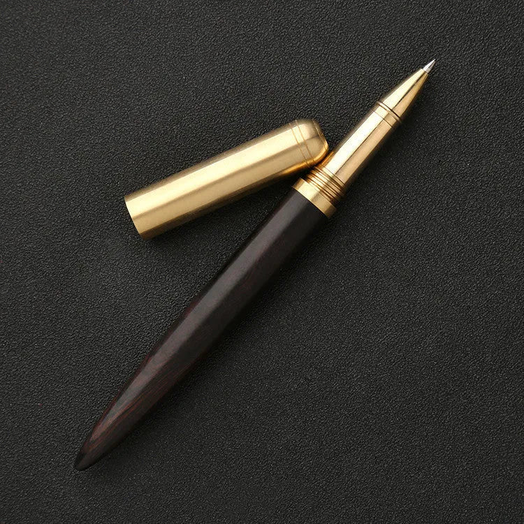 Brass and sandalwood signature pen with wood grain detail showing length and width dimensions