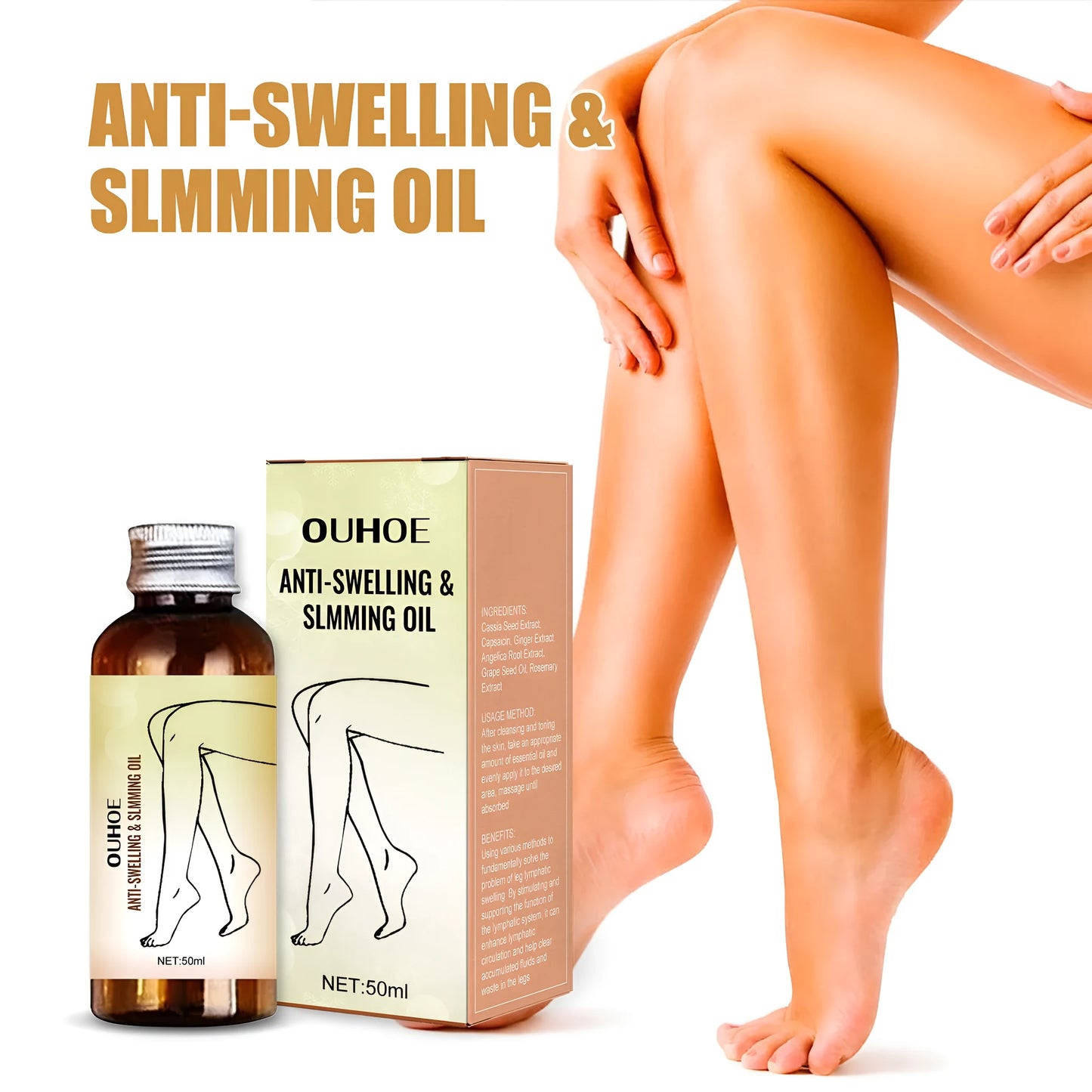 50ml bottle of essential oil for body moisturization and leg massage with botanical extracts