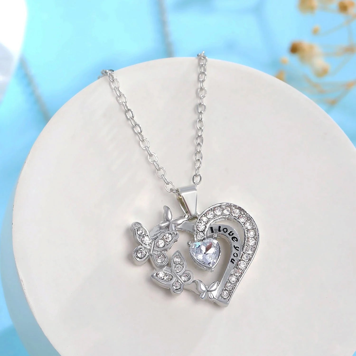 Butterfly Love Rhinestone Heart Necklace in various colours for Valentine's Day