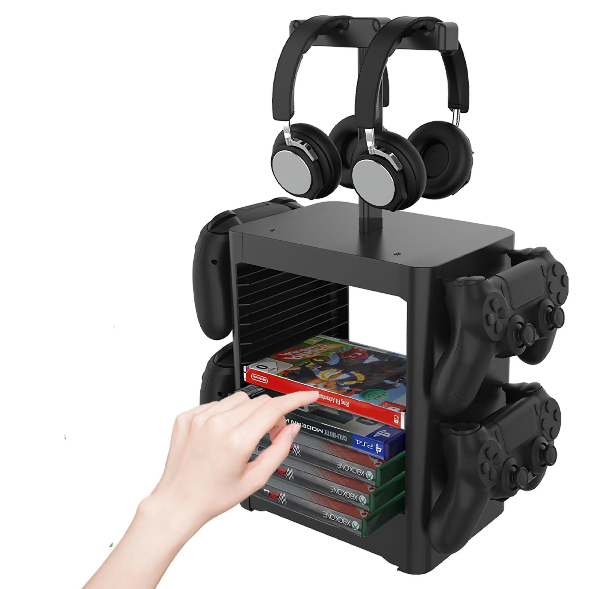 Black ABS gaming storage rack holding vertical game cases, a headset on top, controllers on side hooks, and a pull-out drawer open.