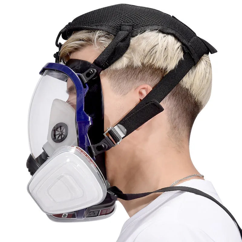 Blue edge spherical full face gas mask with trapezoidal canister and activated carbon filtration system