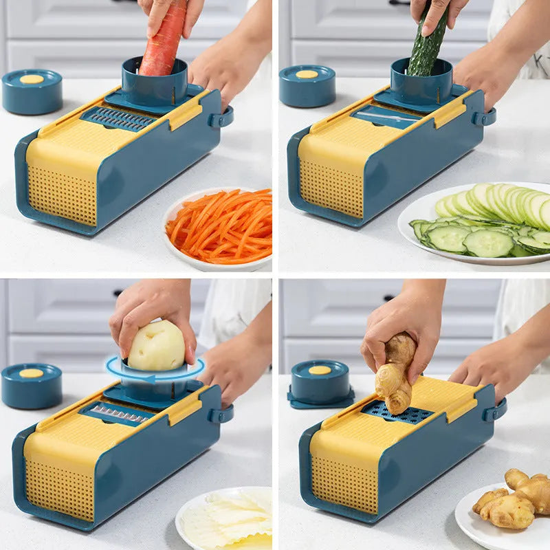 Hand-push kitchen grater with four stainless steel blades and milling attachment on white background