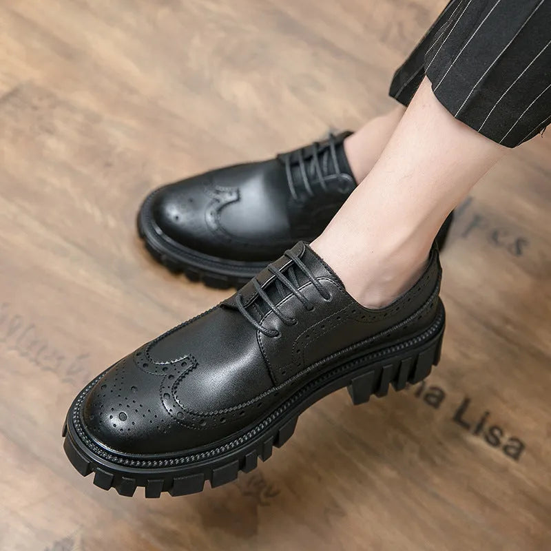 Men's black and brown business brogue shoes with round toe and artificial PU leather construction