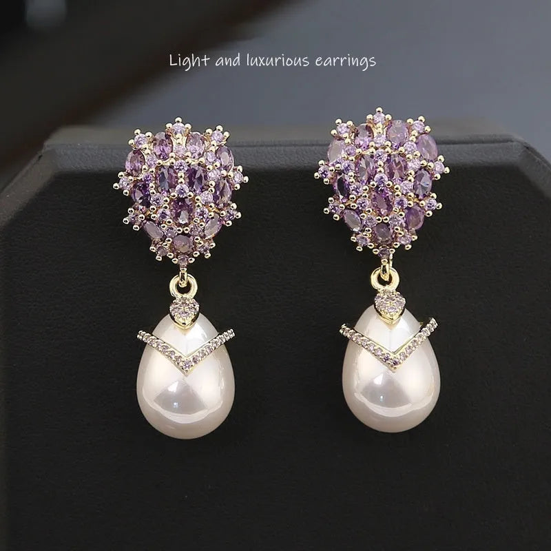 Women's drop pearl earrings with zircon inlay on 18K gold-plated copper setting