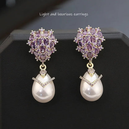 Women's drop pearl earrings with zircon inlay on 18K gold-plated copper setting