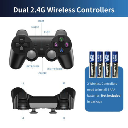 HD home TV game console with wireless handle on a black background, showing HDMI port and compact size.