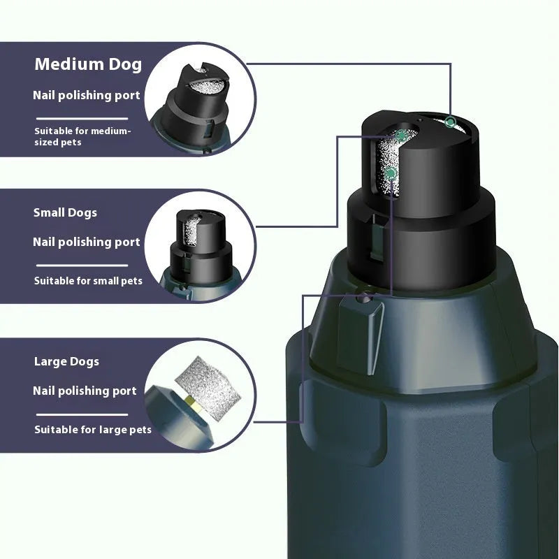 Dark blue pet nail grinder with LED light, 6-speed rotary knob, and USB charging port