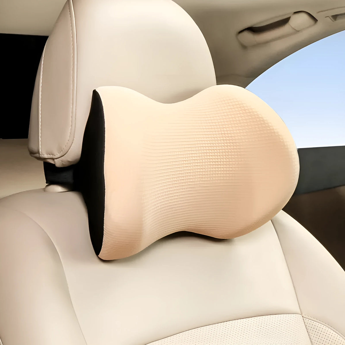 Car headrest pillow in ice silk and memory foam, 20x30x14cm, shown in black, beige, grey, blue, and red