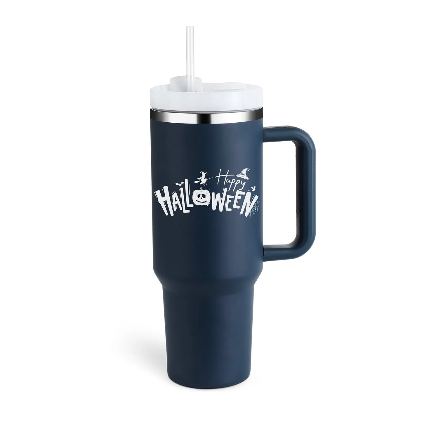 40oz stainless steel tumbler with handle and straw in various colour options showing tapered shape and spill-proof lid