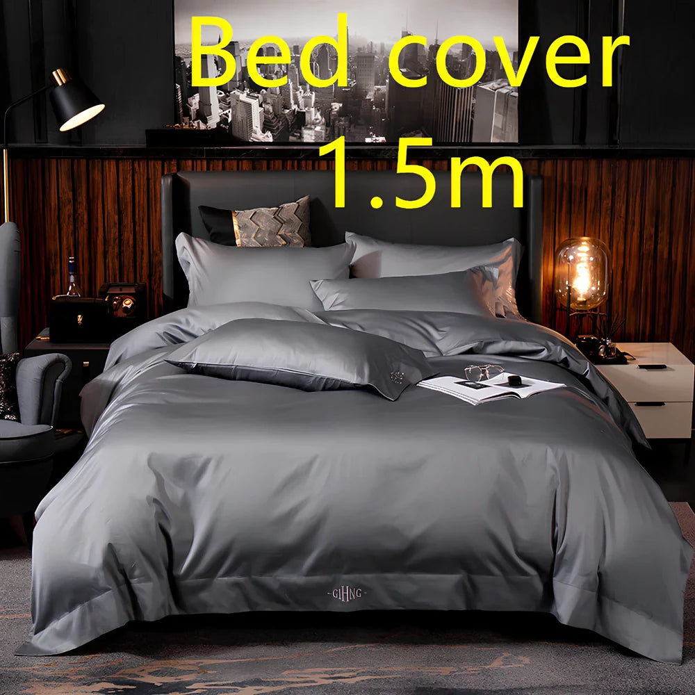Four-piece cotton bedding set with satin weave fabric showing quilting detail and colour options